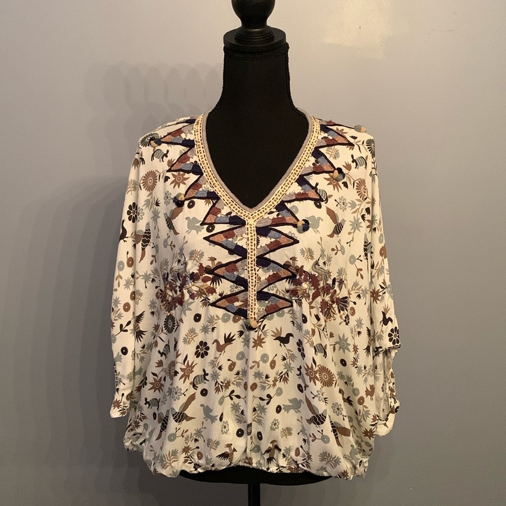 Skemo Floral V-Neck Tunic - Cream and Brown